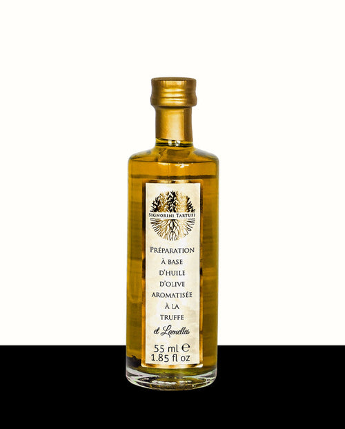Huile d'olive aromatisée Truffe blanche et Lamelles Les Bons Plans du Châtelain