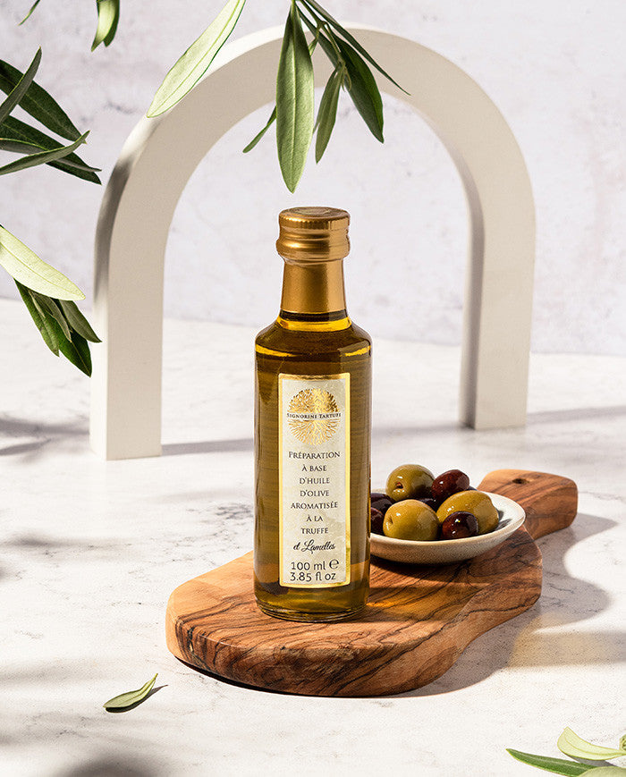 Huile d'olive aromatisée Truffe blanche et Lamelles Les Bons Plans du Châtelain