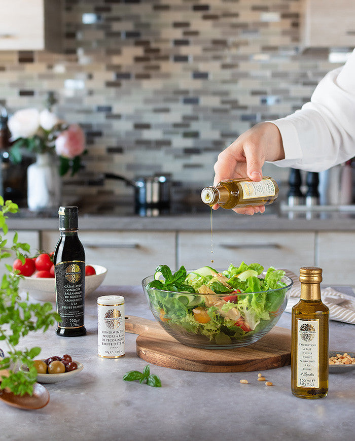 Huile d'olive aromatisée Truffe blanche et Lamelles Les Bons Plans du Châtelain