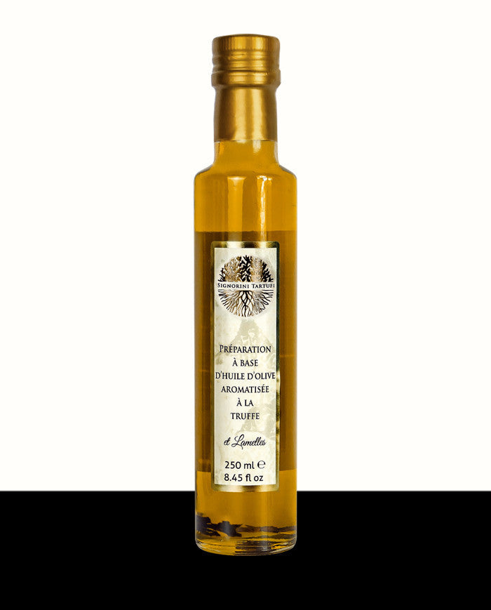 Huile d'olive aromatisée Truffe blanche et Lamelles Les Bons Plans du Châtelain