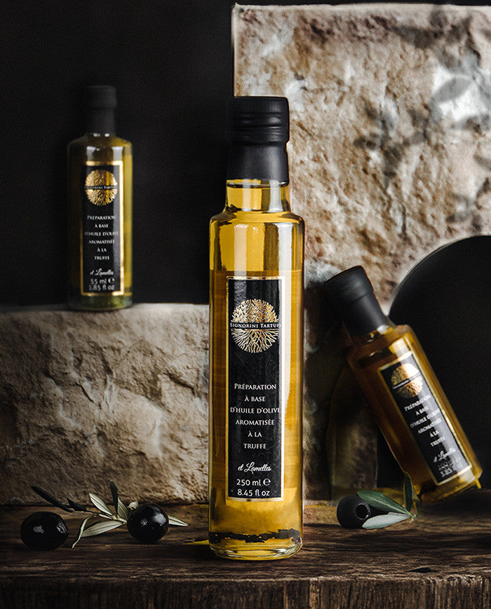 Huile d'olive aromatisée Truffe noire et Lamelles Les Bons Plans du Châtelain