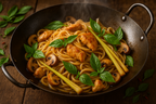 wok thaï avec nouilles de riz, poulet, champignons, basilic thaï et citronnelle