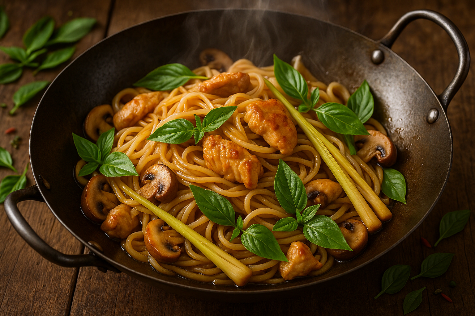 wok thaï avec nouilles de riz, poulet, champignons, basilic thaï et citronnelle